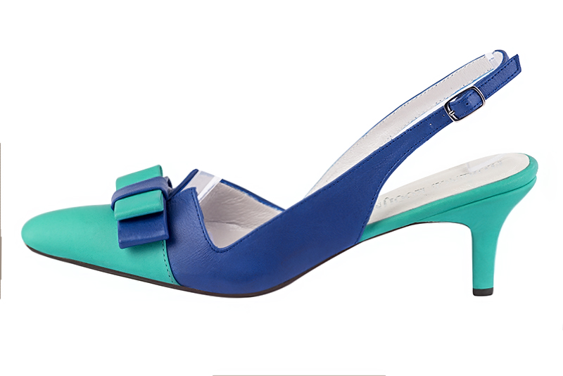 Aquamarine blue women's open back shoes, with a knot. Tapered toe. Medium slim heel. Profile view - Florence KOOIJMAN